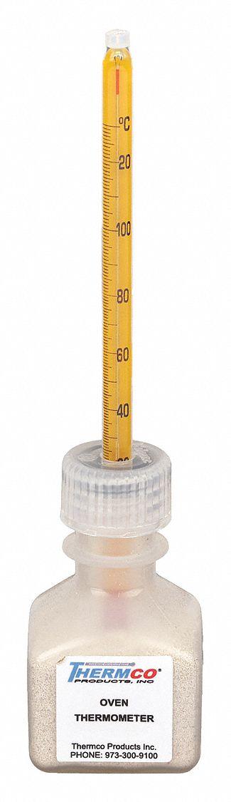 THERMCO Bottle Thermometer: 20°C to 130°C, +/-2°C, 30 mL Bottle Volume, Sand - Analog Bottle Thermometers for Lab Ovens