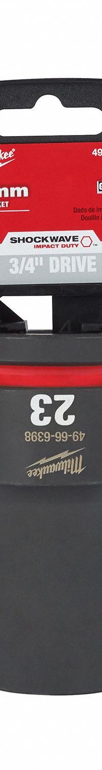 MILWAUKEE Deep Impact Socket: 3/4 in Drive Size, Metric, 23 mm Socket Size, 6-Point, Deep, Friction (MPN 49-66-6398). Key specifications — attr1215501: MILWAUKEE; attr1215515: Black Phosphate; attr1215518: 23 mm.