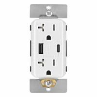 USB Receptacle: Decorator Duplex, 5-20R, USB Type A/C, White, 125V AC, 20 A (MPN T5834-W). Key specifications — Brand: LEVITON.