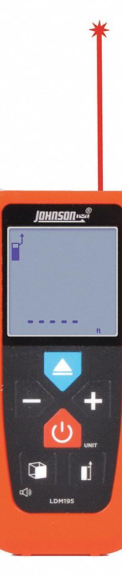 JOHNSON LEVEL Laser Distance Meter: Inch/Metric, 2 in – 195 ft, ± 0.0625 in, AAA, Plastic, Digital (MPN LDM195). Key specifications — attr938983: Inches; attr938974: Distance Measurement; attr934751: JOHNSON LEVEL; attr938968: ± 0.0625 in; attr938975: Case; attr938977: Red.