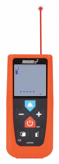 JOHNSON LEVEL Laser Distance Meter: Inch/Metric, 2 in – 195 ft, ± 0.0625 in, AAA, Plastic, Digital (MPN LDM195). Key specifications — attr938983: Inches; attr938974: Distance Measurement; attr934751: JOHNSON LEVEL; attr938968: ± 0.0625 in; attr938975: Case; attr938977: Red.