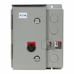 EATON NEMA Magnetic Motor Starter: Non-Reversing, 3 Poles, NEMA Size 0, 18 A, 120V AC Coil (MPN ECN0502AAA-R63/C). Key specifications — attr211388: EATON; attr951451: 1NO/1NC; attr951453: 110/120V AC; attr951489: Three; attr984425: 1NO/1NC; attr984429: Pilot Light; attr997361: None (Not Applicable to Electronic Overloads).