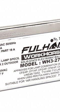 FULHAM Fluorescent Ballast: 277V AC, 1/2 Lamps Supported, 6 1/2 in Overall Lg, 1 1/2 in Overall Wd (MPN WH3-277-L). Key specifications — attr1125022: (1) FC12T5; attr239899: FULHAM; attr1125144: 2.