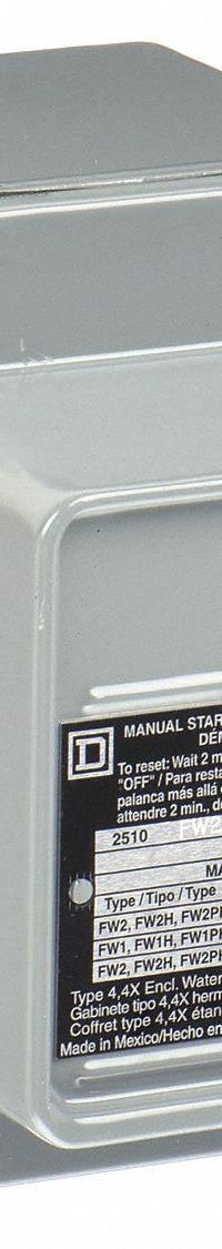 SQUARE D Manual Motor Starter: Non-Reversing, 2 Poles, 16 A, Thermal Protection, Toggle Switch (MPN 2510FW2). Key specifications — Brand: SQUARE D; Thermal Units Required: 1 (Not Included).