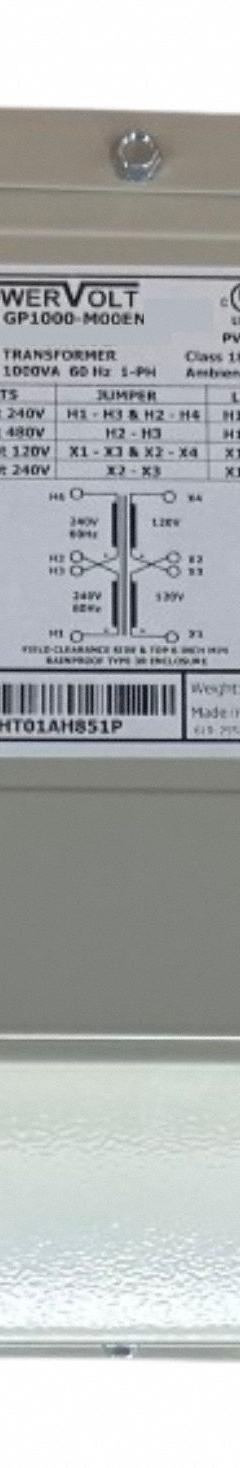 POWERVOLT Enclosed Industrial Control Transformer: 240 or 480V, 120 or 240V, Wall, 1 kVA (MPN GP1000-M60EN-D). Key specifications — Brand: POWERVOLT; Input Voltage: 240 or 480V; Mounting Location: Wall; Output Voltage: 120 or 240V; Phase: Single; Includes: Knockouts.