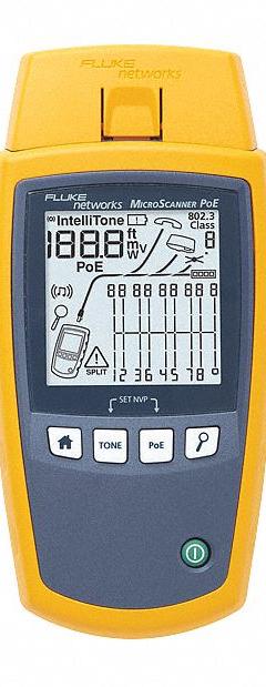 FLUKE NETWORKS Cable Tester Kit: MicroScanner, Base Model + IntelliTone Probe, Remote ID Kit (MPN MS-POE-KIT). Key specifications — Manufacturer Part Number: MS-POE-KIT; Alert Type: Digital Display; Compatible Cable Type: Twisted Pair; Data Safe Monitor: Yes; Display Screen Type: LCD with Backlight; Includes: IntelliTone Pro 200 Probe; Product Type: Cable Tester Kit; Calibration Certificate: Not Included.