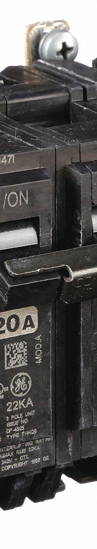 GE Miniature Circuit Breaker: THHQB, 20 A, 120/240V AC, Three Phase, 22kA at 120/240V AC, 3 Poles (MPN THHQB32020). Key specifications — attr195972: 20 A; attr195973: 120/240V AC; attr195974: Three; attr195975: 22kA at 120/240V AC; attr195976: Bus Connections of Load Centers.