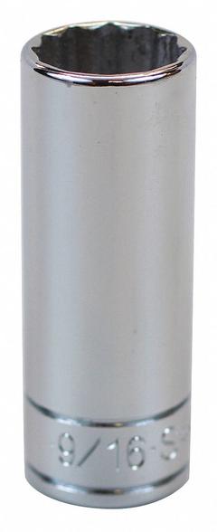 SK PROFESSIONAL TOOLS Socket: SAE, 1/4 in Drive Size, 9/16 in Socket Size, 12-Point, Deep, Chrome (MPN 44918). Key specifications — attr1204417: SK PROFESSIONAL TOOLS; attr1204392: Chrome.