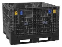 BUCKHORN Collapsible Bulk Container: 39.5 cu ft, 48 in x 45 in x 44 in, Lid Not Included, Black (MPN BN4845442010000). Key specifications — Brand: BUCKHORN; Stackable: Stacking Capable; Shape: Rectangular; Fork Entry: 4-Way Entry; Container Wall Type: Solid; Mobility: Stationary; Collapsible: Collapsible; Fork Pockets: Fork Pockets Included.