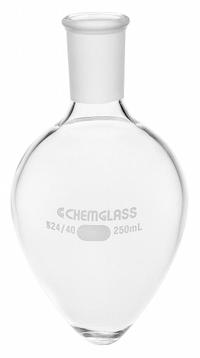 CHEMGLASS Boiling Flask: 25 mL, Colorless, Pear, A, 14/20 Compatible with Stopper Size (MPN CG-1554-26). Key specifications — Shape: Pear; Body Color: Colorless; Brand: CHEMGLASS; Compatible with Stopper Size: 14/20; USP Specification: Type I.