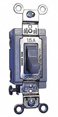 HUBBELL Wall Switch: Toggle Switch, 3-Way, Maintained, Gray, 120/277V AC, 15 A (MPN HBL1203GY). Key specifications — Illuminated: No; Voltage Rating: 120/277V AC.