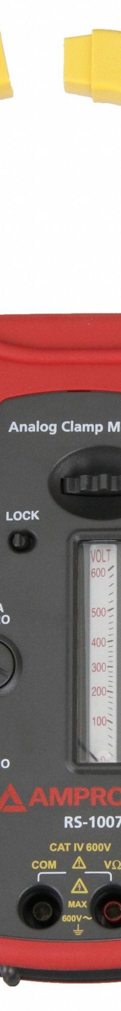 AMPROBE Analog Clamp Meter: Avg, CAT IV 600V, 1,000 A Max AC Current Measurement, Clamp Jaw (MPN RS-1007 PRO). Key specifications — Calibration Certificate Included: No Certification Included; Safety Rating: CAT IV 600V; Brand: AMPROBE.