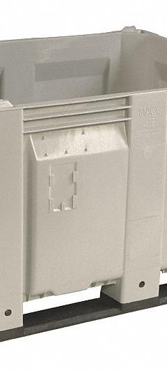 DECADE PRODUCTS Bulk Container: 25.4 cu ft, 48 in x 40 in x 31 in, Lid Not Included, 4-Way Entry (MPN M011000-104). Key specifications — Brand: DECADE PRODUCTS; Stackable: Stacking Capable; Shape: Rectangular; Runner Location: Long Side; Fork Entry: 4-Way Entry; Container Wall Type: Vented; Mobility: Stationary; Fork Pockets: Fork Pockets Included.