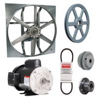Exhaust Fan with Drive Package: Belt Drive, 36 in Blade, 3/4 hp, 14,345 cfm, 115/208-230V AC, 1 ph (MPN 7AR61). Key specifications — Frame Finish: Zinc Plated; Assembled: Unassembled; Brand: DAYTON; Nameplate Voltage: 115/208-230V AC; Frame Material: Steel; Guard Type: None; Method of Construction: Cast; Motor Insulation: Class B.