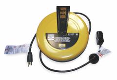 HUBBELL WIRING DEVICE-KELLEMS Extension Cord Reel: Ratchet Lock, 25 ft Cord Lg, 16 AWG, SJT, 5-15P (MPN HBLC25163C). Key specifications — Retractable Cord Ending NEMA Configuration: 5-15R; Feeder Cord Ending NEMA Configuration: 5-15P; Brand: HUBBELL WIRING DEVICE-KELLEMS.