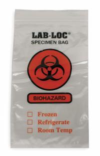 Specimen Transfer Bag: LDPE, Biohazard, 2 mil Thick, Clear, 10 in Overall Ht, Non-Sterile, 1,000 PK (MPN LAB20610). Key specifications — Brand: APPROVED VENDOR; Closure Type: Zipper; Product Type: Dual Pouch Specimen Bag; Manufacturer Part Number: LAB20610; Color: Clear; Display Sell UOM: PK; Legend: Biohazard.