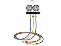PRO-SET Manifold Gauge Set: 2 Valves, 3 Hoses, 3 1/2 in Gauge, For R-134A/R-22/R-404A/R-410A (MPN MT2H7P5E). Key specifications — Hose Connection Type: SAE; Product Type: Manifold Gauge Set; For Refrigerant Type: R-404A; Brand: PRO-SET; Gauge Boots: Yes; Sight Glass: No.