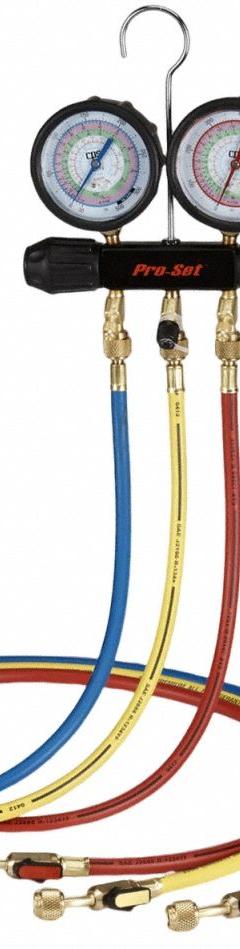PRO-SET Manifold Gauge Set: 2 Valves, 3 Hoses, 3 1/2 in Gauge, For R-134A/R-22/R-404A/R-410A (MPN MT2H7P5E). Key specifications — Hose Connection Type: SAE; Product Type: Manifold Gauge Set; For Refrigerant Type: R-404A; Brand: PRO-SET; Gauge Boots: Yes; Sight Glass: No.