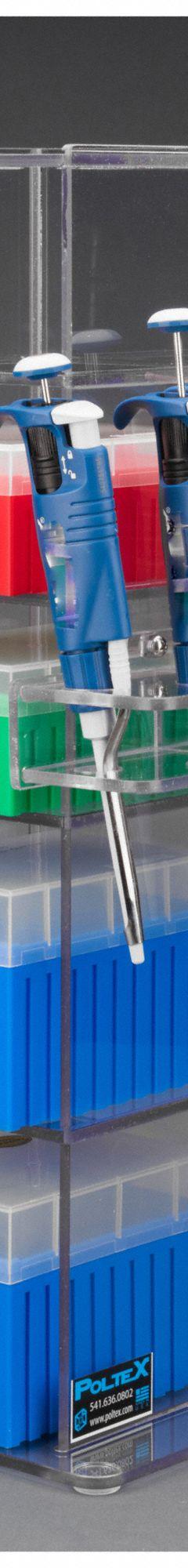 Lab Bench Vertical Organizer: 6 3/4 in Overall Wd, 20 3/4 in Overall Ht, 5 3/4 in Overall Lg, PETG (MPN 5VTORG-PIPTRBRK). Key specifications — Material: PETG; Mounting Location: Benchtop; Color: Clear; Product Type: Lab Organizer; Total Holding Capacity: (5) Boxes of Tips; Brand: POLTEX.
