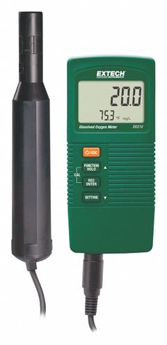 EXTECH Dissolved Oxygen Meter: Dissolved Oxygen/Temp, 100% DO Concentration - Max, ±0.7% DO Accuracy (MPN DO210). Key specifications — Includes: 9V Battery; DO Accuracy: ±0.7%; Temp Accuracy: 0.8°C; Brand: EXTECH; DO Resolution: 0.1%.