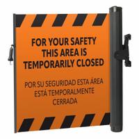 MODUS Mounted Barrier: Fixed Mount, 11 1/2 ft Belt Lg, Restricted Access Messaging, Orange (MPN ZP+EMPP -O-IH). Key specifications — Message Color: Black; Frame Color: Black; Brand: MODUS; Belt Color: Orange.