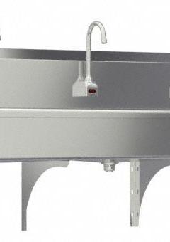 SANI-LAV Hands-Free Wash Station: 5 Stations, 8 in Bowl Dp, 97 in Bowl Lg, 16 1/2 in Bowl Wd, 16 ga (MPN 510WB-0.5). Key specifications — Includes Side Splash: Side Splash Not Included; Series: Stainless Steel Wash-Station; Brand: SANI-LAV; Power Source: Battery Powered.