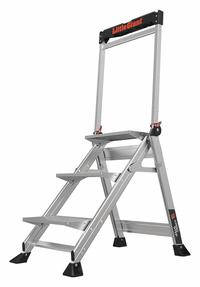 LITTLE GIANT Step Stool: 3 Steps, 3 ft Overall Ht, 375 lb Load Cap, Aluminum, 2.2 ft Standing Ht (MPN 11903). Key specifications — Brand: LITTLE GIANT; Color: Silver; Includes: Foldable Handrails.