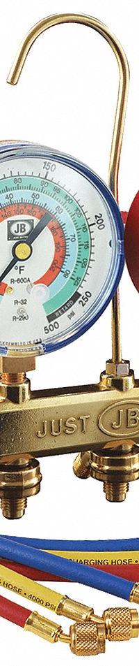 JB INDUSTRIES Manifold Gauge Kit: 2 Valves, 3 Hoses, Series PATRIOT, 3 1/8 in Gauge (MPN 22733). Key specifications — Product Type: Manifold Gauge Kit; For Refrigerant Type: R-600A; Brand: JB INDUSTRIES; Gauge Boots: No; Sight Glass: No.