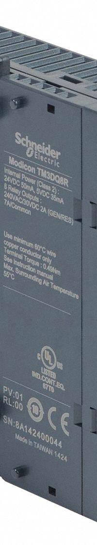 SCHNEIDER ELECTRIC Discrete Output Module: (8) Relay Out (MPN TM3DQ8R). Key specifications — Manufacturer Part Number: TM3DQ8R; Power Required: 24V DC; Product Type: Discrete Output Module; Series: Modicon; Number and Type of Outputs: (8) Relay; Mounting Style: Panel.