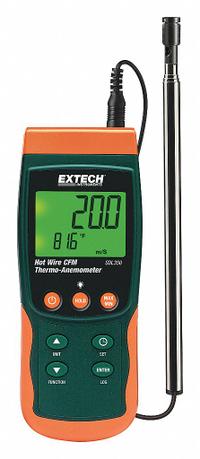 EXTECH Anemometer: 1 fpm Air Velocity Resolution, CFM, Hot Wire, Air Flow/Air Velocity/Temp, NIST (MPN SDL350-NIST). Key specifications — Calibration Certificate Type: NIST; Data Logging: Yes; Manufacturer Part Number: SDL350-NIST; Brand: EXTECH; Temperature Accuracy: +/-1.5°F; Digital Display Screen Type: LCD; Display Type: Digital; Includes: SD Card.