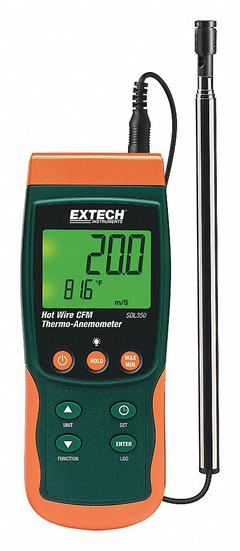 EXTECH Anemometer: 1 fpm Air Velocity Resolution, CFM, Hot Wire, Air Flow/Air Velocity/Temp, NIST (MPN SDL350-NIST). Key specifications — Calibration Certificate Type: NIST; Data Logging: Yes; Manufacturer Part Number: SDL350-NIST; Brand: EXTECH; Temperature Accuracy: +/-1.5°F; Digital Display Screen Type: LCD; Display Type: Digital; Includes: SD Card.