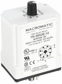 MACROMATIC Single Function Time Delay Relay: Socket Mounted, 24V AC/DC, 10 A, 8 Pins/Terminals (MPN TR-50528-12). Key specifications — Brand: MACROMATIC.