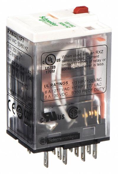 SCHNEIDER General Purpose Relay: Socket Mounted, 6 A Current Rating, 120V AC, 4PDT - Socket-Mounted Relays