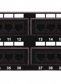MONOPRICE Patch Panel: Flat, 2 Rack Units, 48 Ports, 6, 110 IDC, Steel, 2 3/8 in Overall Ht, 7305. Key specifications — Brand: MONOPRICE; Compatible Cable Performance Category: 6; Material: Steel; _Port Labeling: Front & Rear Numbered; _Rear Termination: 110 IDC; _Shielded: Unshielded.