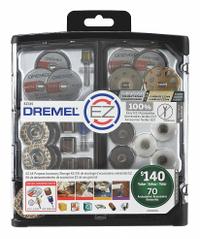 DREMEL General Purpose Attachment Set: Gen Purpose Attachment Set, 70 Pieces, Case Included (MPN EZ725). Key specifications — attr1097321: EZ544 1-1/2 in EZ Lock Carbide Cutting Wheel; attr1097325: Case Included; attr1097330: DREMEL.