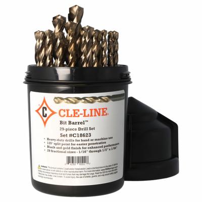 CLE-LINE Jobber Length Drill Bit Set: 29 Pc, 1/16" to 1/2" by 64ths, 135° Split Point - Chip-Clearing High-Speed Steel Jobber-Length Drill Bit Sets