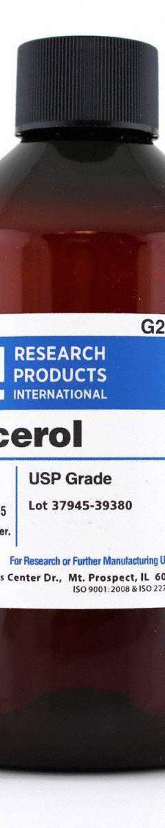 RPI Glycerol: 500 mL Volume, USP, BSE/TSE Free, Liquid, Plastic (MPN G22020-0.5). Key specifications — Form: Liquid; Special Information: BSE/TSE Free; Brand: RPI; Chemical Grade: USP; Container Material: Plastic.