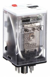 DAYTON General Purpose Relay: Socket Mounted, 10 A Current Rating, 12V AC, DPDT, 8 Pins/Terminals (MPN 1EGY2). Key specifications — Brand: DAYTON; Base Type: Octal; Mounting Style: Plug-In; Manufacturer Part Number: 1EGY2; Series: A Series.