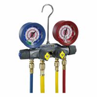 YELLOW JACKET Manifold Gauge: 4 Valves, 4 Hoses, Series BRUTE II, 3 1/8 in Gauge, For R-32/R-410A (MPN 46003). Key specifications — Product Type: Manifold Gauge Set; For Refrigerant Type: R-410A; Brand: YELLOW JACKET; Gauge Boots: Yes; Sight Glass: Yes.