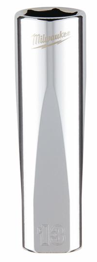 MILWAUKEE Deep Well Socket: Metric, 3/8 in Drive Size, 13 mm Socket Size, 6-Point, Deep, Chrome (MPN 45-34-0013). Key specifications — attr1204417: MILWAUKEE; attr1204392: Chrome.