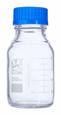 GLOBE SCIENTIFIC Media Bottle: 250 mL, Screw-On, GL45, 138 mm, Colorless, Closure Included, Attached (MPN 8100250). Key specifications — Closure Type: Screw-On; Mouth Size: Wide; Screw Closure Size: GL45; Brand: GLOBE SCIENTIFIC; Body Color: Colorless.