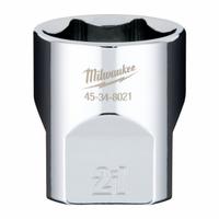 MILWAUKEE Socket Extension: Metric, 3/8 in Drive Size, 21 mm Socket Size, 6-Point, Std, Chrome (MPN 45-34-8021). Key specifications — attr1204417: MILWAUKEE; attr1204392: Chrome.
