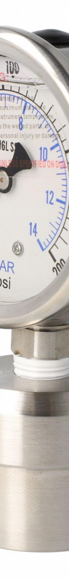 PIC GAUGES Vacuum Gauge with Diaphragm Seal: 0 psi to 200 psi, 301L/0JJJ, 2 1/2 in Dial, Glycerin (MPN 301L254G/0JJJ100). Key specifications — Brand: PIC GAUGES; Gauge Case Liquid: Glycerin; Seal Fill Liquid: Glycerin; Seal Lower Housing Material: 316 Stainless Steel; Accuracy: ±2-1-2%; Gauge Wetted Parts: Stainless Steel.