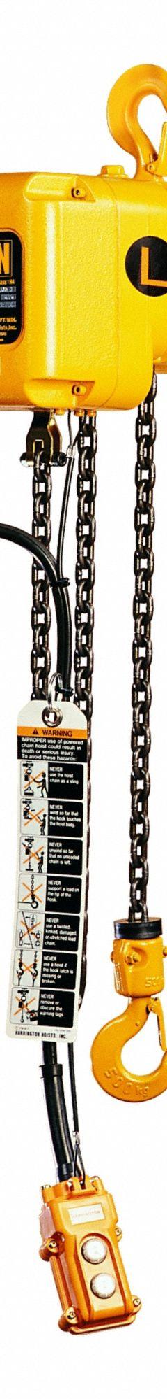 HARRINGTON Extended Lift Electric Chain Hoist: H4 - Heavy Duty, 115/230V AC, 50 ft Max Lifting Lg (MPN SNER010S-50). Key specifications — Brand: HARRINGTON; Operating Voltage: 115/230V AC; Headroom Clearance: 28 in - 30 in.