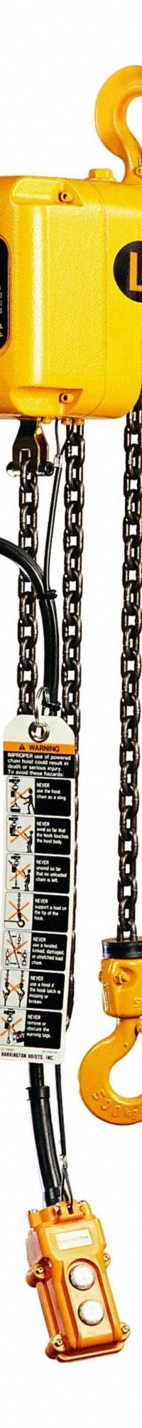 HARRINGTON Extended Lift Electric Chain Hoist: H4 - Heavy Duty, 115/230V AC, 50 ft Max Lifting Lg (MPN SNER010S-50). Key specifications — Brand: HARRINGTON; Operating Voltage: 115/230V AC; Headroom Clearance: 28 in - 30 in.