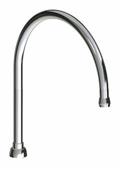 CHICAGO FAUCETS Spout: Spout, Gooseneck, Std Spout, Brass, Polished Chrome, Laminar, UNEF (MPN GN10ARGDJKABCP). Key specifications — Includes: Mounting Hardware; Product Type: Spout; Spout Style: Standard; Body Material: Brass; Color/Finish: Polished Chrome; Brand: CHICAGO FAUCETS.