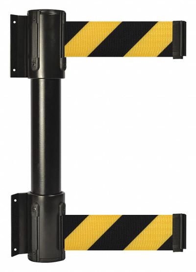 TENSABARRIER Belt Barrier: Fixed Mounting Plate, 13 ft Belt Lg, Pattern, Black/Yellow - Wall-Mount Retractable Belt Barriers