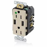 USB Receptacle: Duplex, 5-15R, 2 USB Ports, USB Type A, Ivory, 125V AC, 15 A (MPN T5632-HGI). Key specifications — Brand: LEVITON.