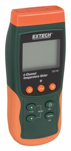 EXTECH Thermocouple Thermometer: For Type E/Type J/Type K/Type R/Type S/Type T Thermocouple Type (MPN SDL200). Key specifications — Accuracy: ±0.4 % + 1.8 °F/1 °C (Type J, K, E, T, Pt100 RTD); Brand: EXTECH; Thermocouple Temperature Fahrenheit - Maximum: 752 °F (Type T).