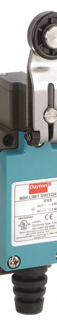 DAYTON Limit Switch: 56 mm Mounting Hole Vertical Center to Center Distance, Adj Roller Lever-Arm, 1 (MPN 12T959). Key specifications — Manufacturer Part Number: 12T959; Brand: DAYTON; Electrical Connection: Screw Terminals.